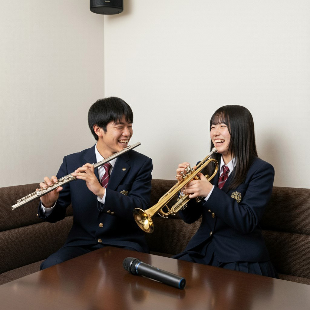 男子と女子が楽器を練習している様子