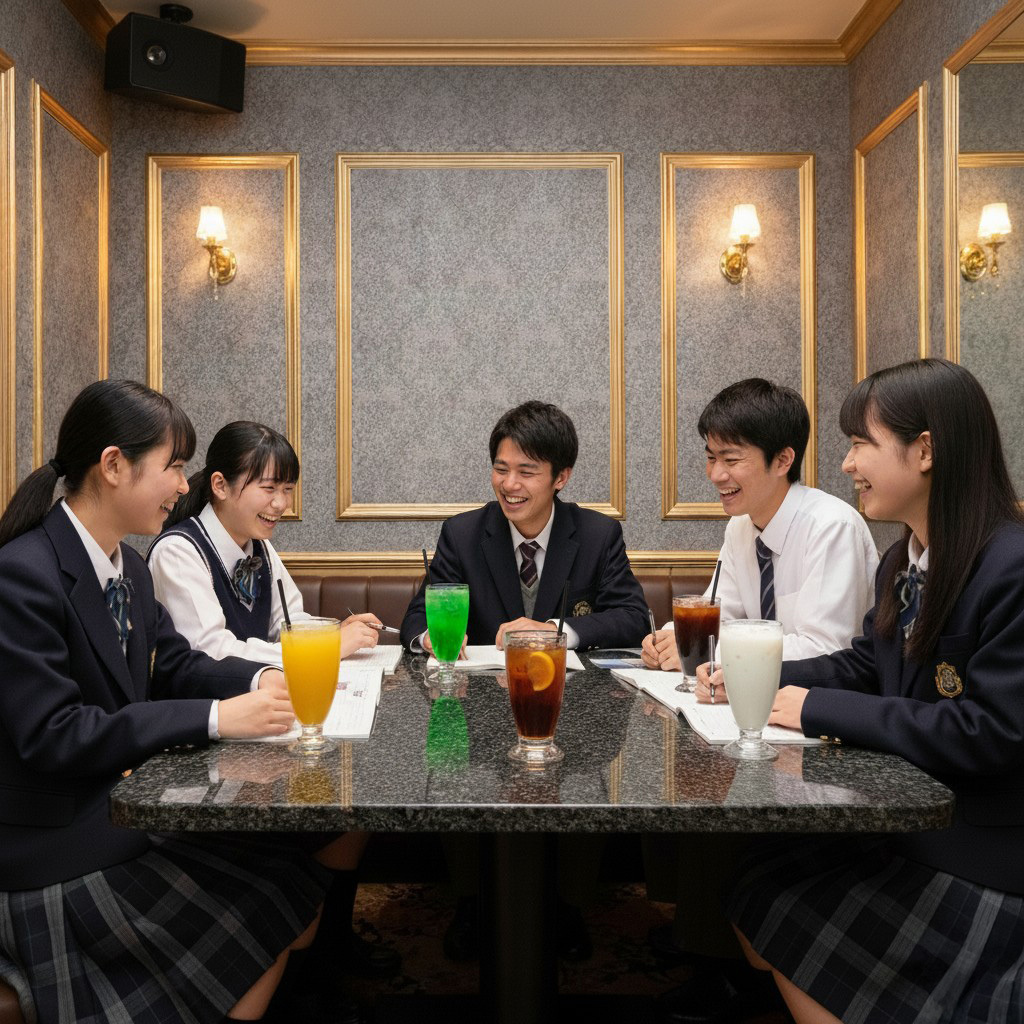 高校生たちがカラオケで勉強している様子